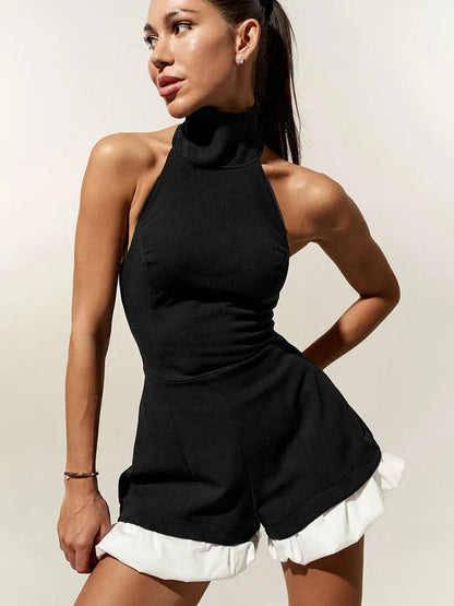 Ruffled Patchwork Sexy Rompers Female Patchwork Off-Shoulder High Waist Contrast Summer 2025 Women's Jumpsuit Bodysuits