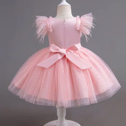 Summer Girls' New Bow Sequin Flying Sleeves Mesh Fluffy Skirt Piano Competition School Graduation Ceremony Dress