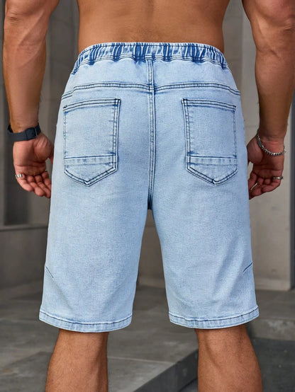 Men's Summer Denim Shorts. Light Blue Elastic-Waist Denim Shorts. Drawstring Design. Daily Casual Trend.