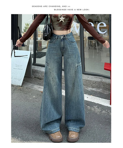 High Waisted Wide Leg Jeans Women Cotton Retro Denim Y2k Loose Fashion Design Sense Pant Streetwear Baggy Straight Trouser Woman