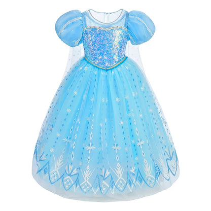 Children Carnival Blue Sequins Elsa Cosplay Dress Girls Elegant Blue Princess Costume Kids Halloween Birthday Party Clothes