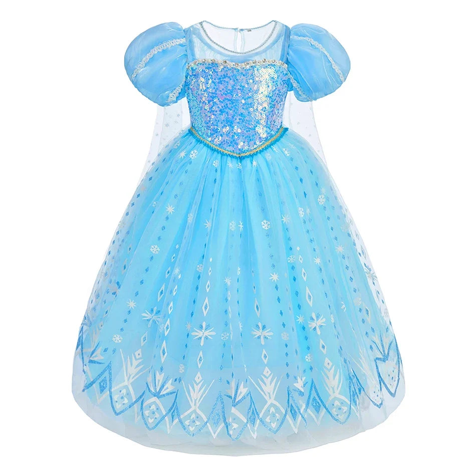 Children Carnival Blue Sequins Elsa Cosplay Dress Girls Elegant Blue Princess Costume Kids Halloween Birthday Party Clothes