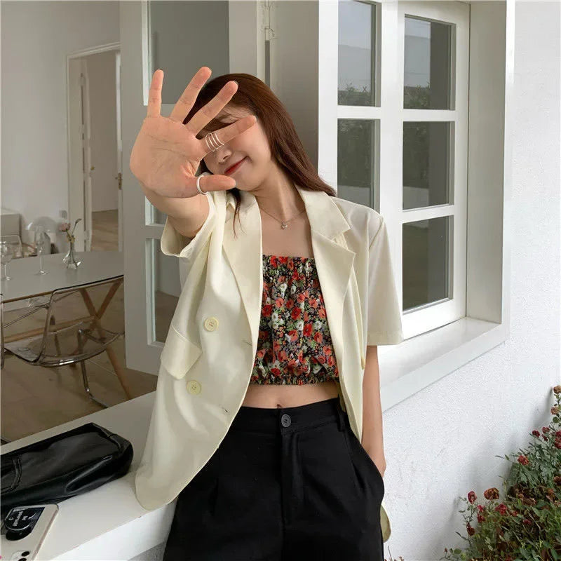 2025 Women's Summer Short-sleeved Jacket Casual All-match Loose Double-breasted Blazers Coat Woman Korean Chic White Blazer