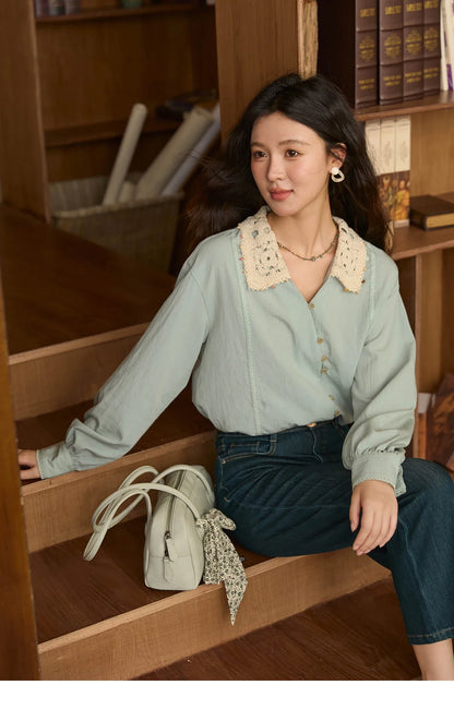 Women's Linen Shirt 2025 Autumn Contrast Apricot Lapel Shirts Long Sleeve Curved Placket Tops Office Lady MXE43C2387
