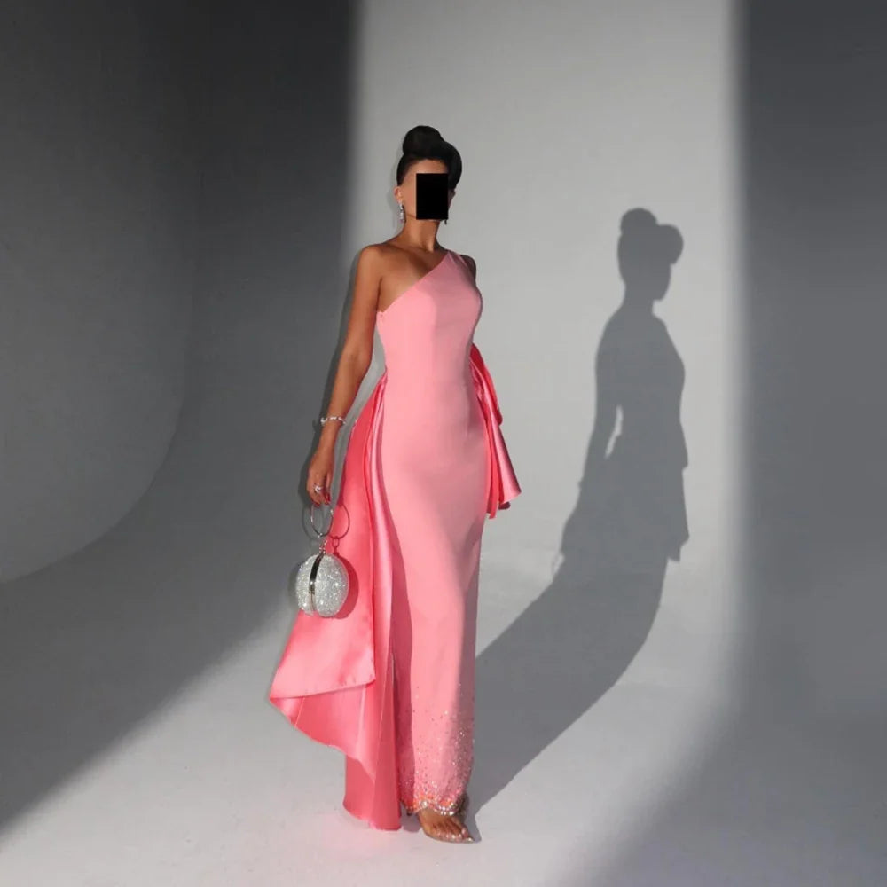Customized Pink One-Shoulder Sequined Straight Jersey Evening Dresses Sweep Train Sleeveless Ankle Length Pageant Prom Gowns