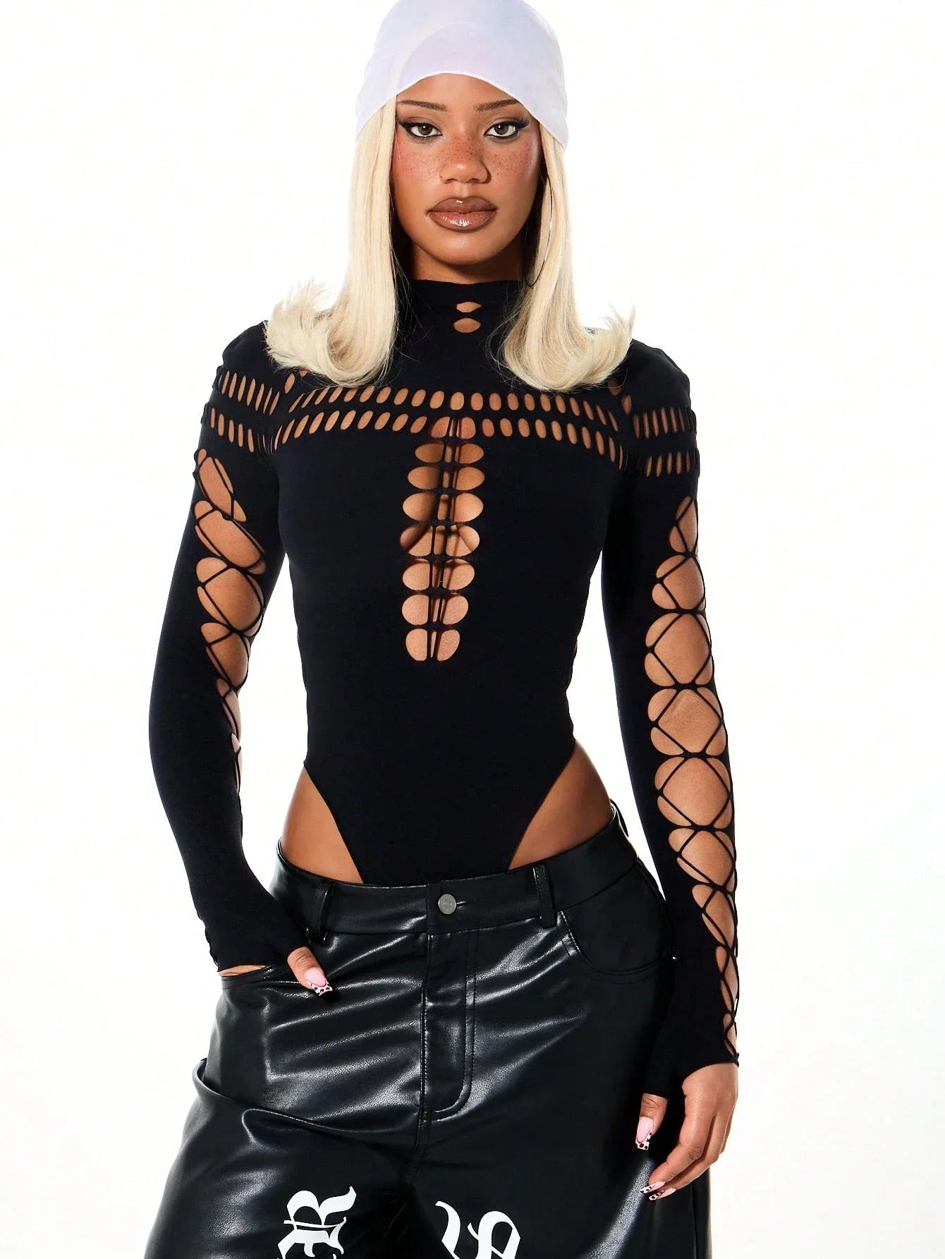 Summer Women's Y2K Sexy Bodysuit High Neck Bodycon Front Cutout & Lace-up Mesh Sleeve Stretchy Edggy Clubwear Streetwear