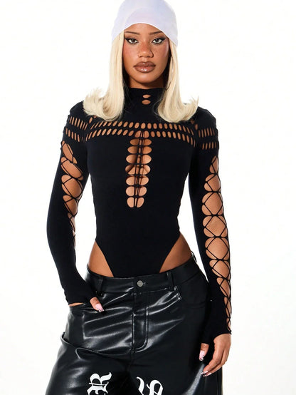 Summer Women's Y2K Sexy Bodysuit High Neck Bodycon Front Cutout & Lace-up Mesh Sleeve Stretchy Edggy Clubwear Streetwear