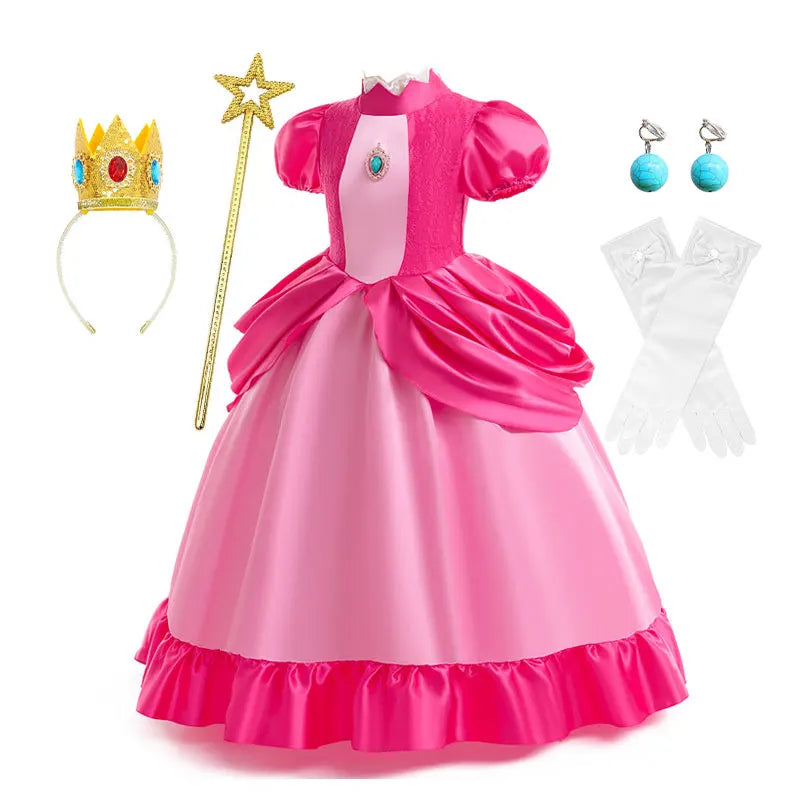 New 2026 Movie Inspired Lolita Princess Dress Super Plumber Bros's Friend Peach Costume Girls Pink Lace Frock Role Play Apparel