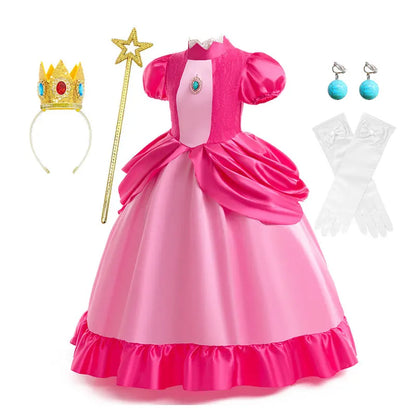 New 2026 Movie Inspired Lolita Princess Dress Super Plumber Bros's Friend Peach Costume Girls Pink Lace Frock Role Play Apparel