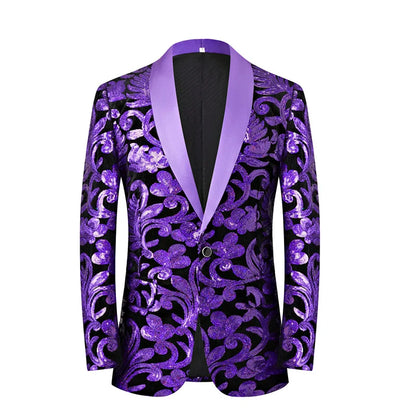 2024 New Flat Velvet Large Flower Sequin Jacquard Mens Blazer, Purple  Stage Performance Suit Dress, Host Fashion Show Jacket