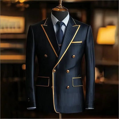 Men's Pinstripe Blazer Double Breasted Slim Fit Peaked Lapel With Gold Trim Formal Suit Jacket  For Groomsman Wedding Prom Hot