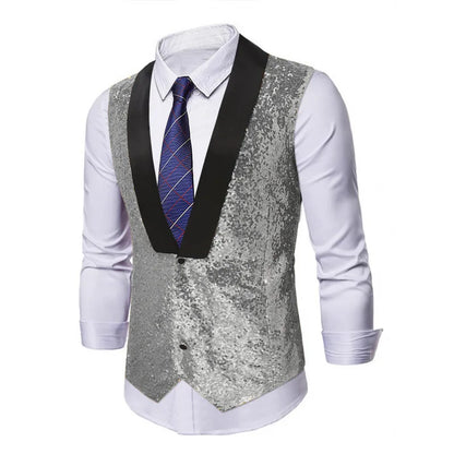 Men's Gold Sleeveless Blazer, Round Sequin-embellished Blazer Jacket, Perfect for Weddings, Parties, DJ Events, and Nightclubs.