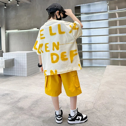 New Fashion Tween Boys Summer Sets Clothing Kids Cotton T-shirt Shorts 2 Pieces Tracksuit Age 5 6 7 8 9 10 11 12 13 14 Years Old