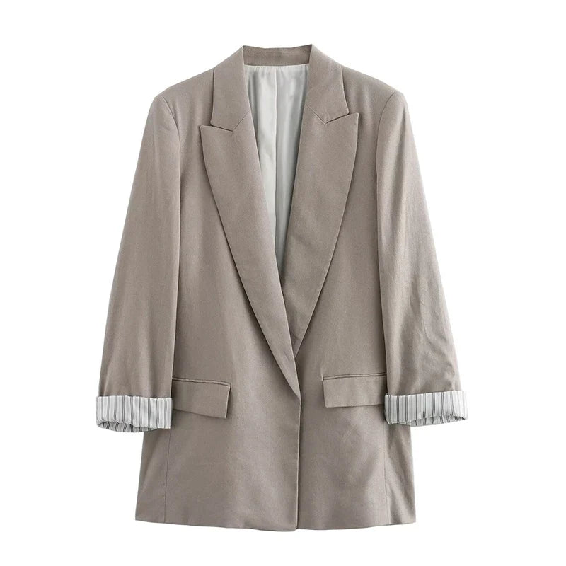 Women Fashion With Pockets Solid Blazer Vintage Notched Neck Long Sleeves Female Chic Lady Outfits