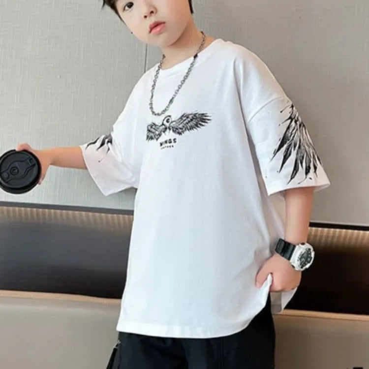 2026 Summer Kids Wing T-Shirt Cotton Loose Stylish Boy's Shirt Big Kids Summerwear