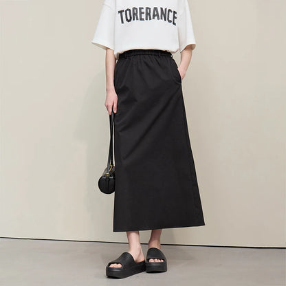 Women's Skirt 2026 Summer New Leisure Elastic Waist Slit A-Line Midi Skirt Women's Loose Embroidered Woman Clothes 12621058