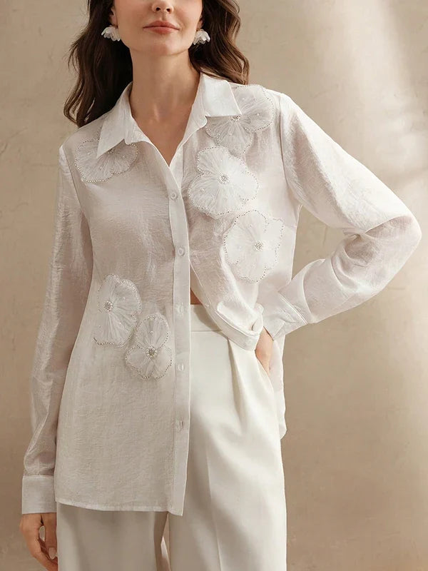 2025 New Long Sleeves Shirts for Women Summer Autumn 3D Flower Chic Blouse Tops for Women Office Business Casual Work