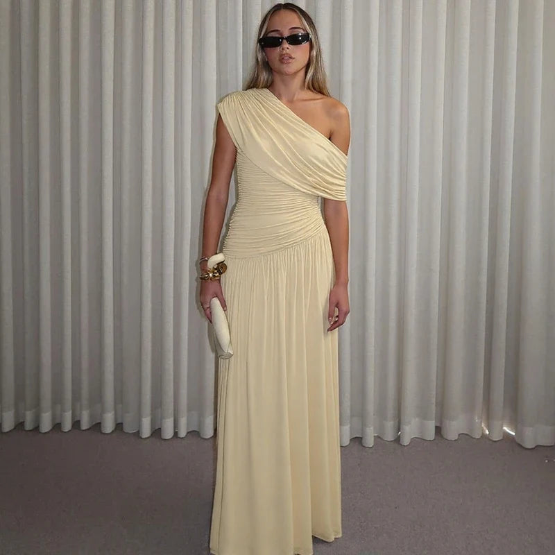 One Shoulder Ruched Sleeveless Solid Pleated Sexy Irregular Y2K Maxi Dress Summer Elegant Party Women Clothes Vacation