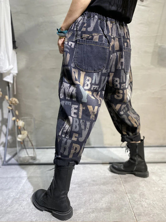 Korean Design Womens Printed Loose Jeans Fall Fashion Letter Elastic Denim Pants Ladies Leisure Punk Harem Trousers