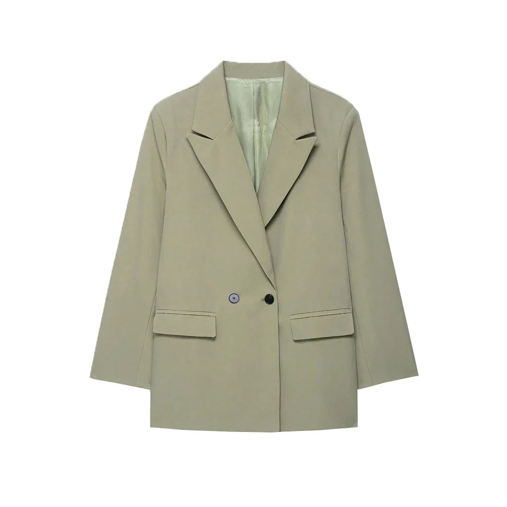 Women's Double-Breasted Solid Color Blazer Coat Long Sleeve Office Wear for Spring Autumn Winter Old Money Style