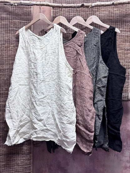 New Arrival Summer Arts Style Women Sleeveless Loose Casual Tank Tops Good Quality Linen Vintage Solid Long Tank Top Femme H165