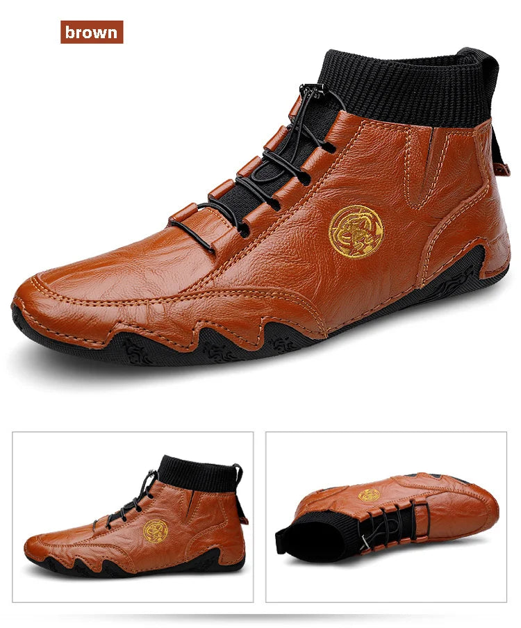 Men's Wear-resistant Boots Casual Classic Genuine Leather Handmade Shoes Ankle Round Toe Lace Up Walking Business Boot