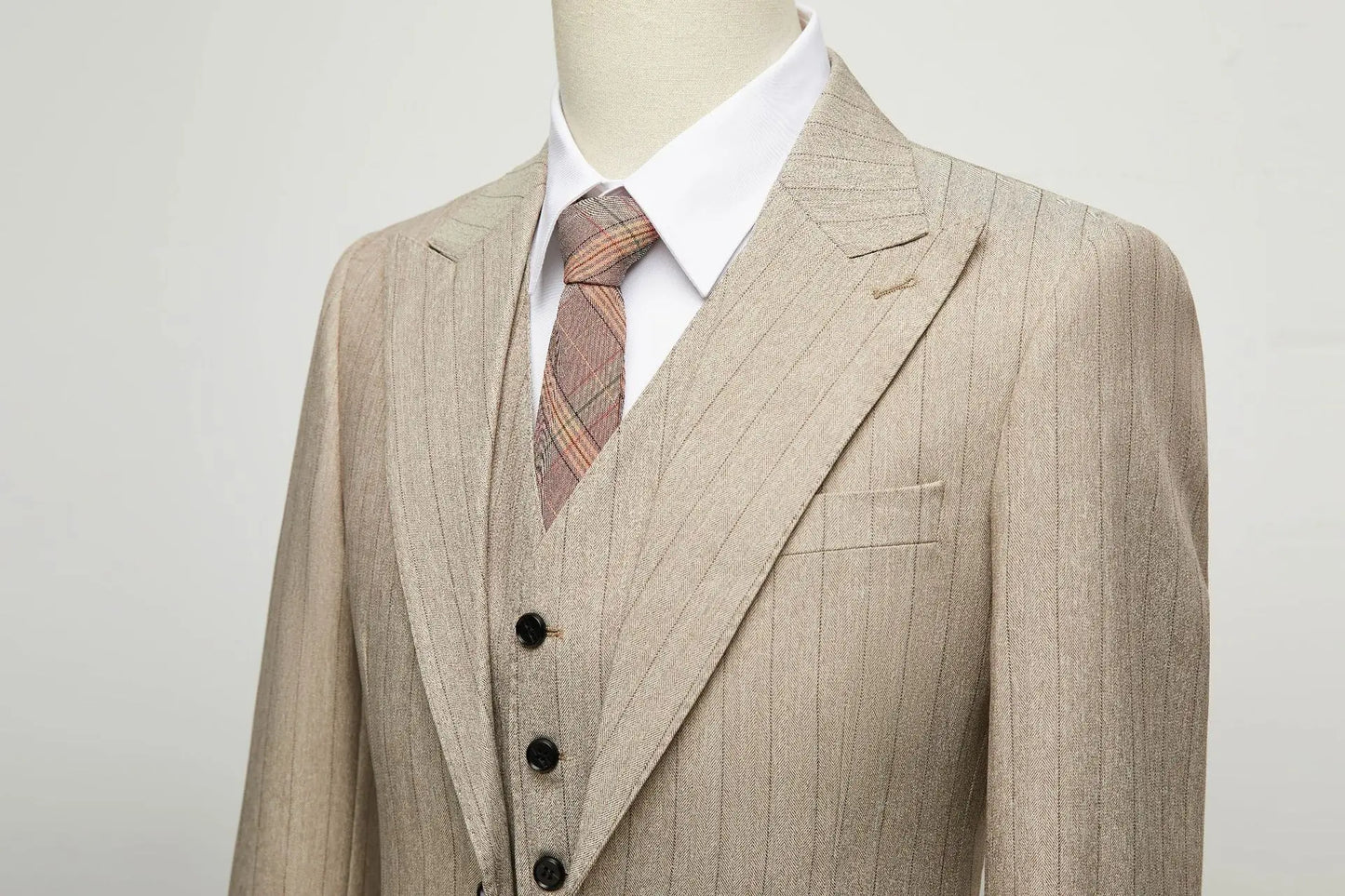 Apricot Men's Striped Three-piece Suit, Featuring A Jacket and Vest Paired with Pants—perfect for Weddings, Parties, or Office.