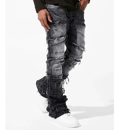 New Stacked Jeans Men Patchworks Spliced Denim Ripped Wash Frayed Pants Male's Streetwear