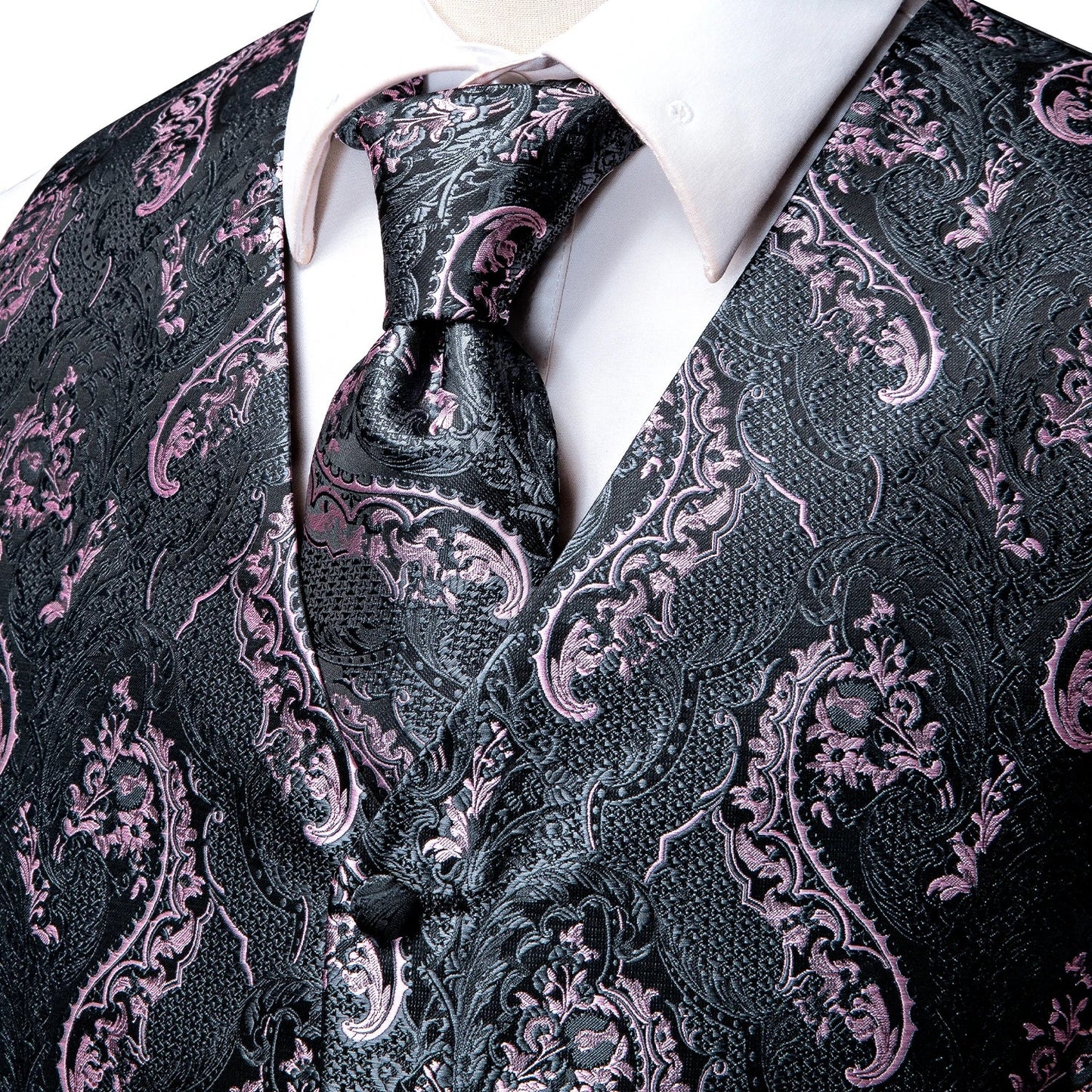 High Quality Silk Mens Vests Pink Gray Floral Waistcoat Tie Hanky Cufflinks Brooch Set for Men Suit Wedding Office Gift