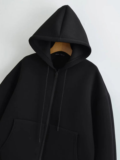 2026 Casual Women's Soild Zipper Hoodie Long Sleeve Big Pocket Zipper Jacket With Hood Female Loose Outerwear Coat Tops