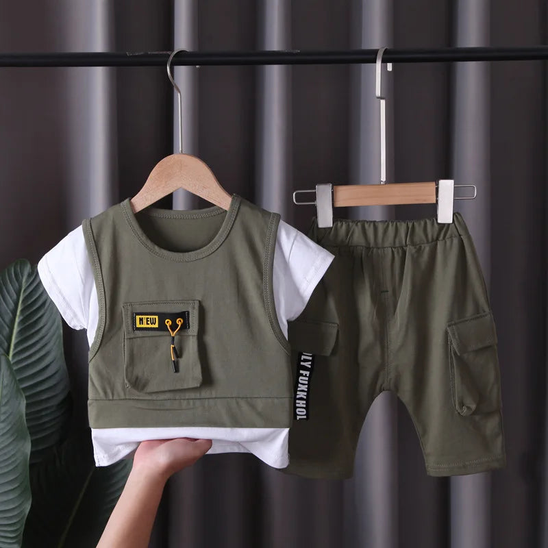 New Toddler Summer Baby Boys/Girls Clothes Children Pulling Rope Pocket T-Shirt Shorts 2Pcs/Set Infant Kids Fashion Tracksuits