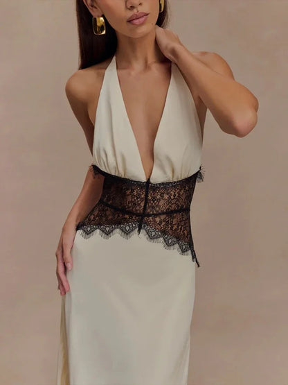 Sexy Deep V-neck Backless Lace Patchwork Satin Dresses for Women 2026 Summer Halter Sleeveless Long Maxi Party Evening Dress