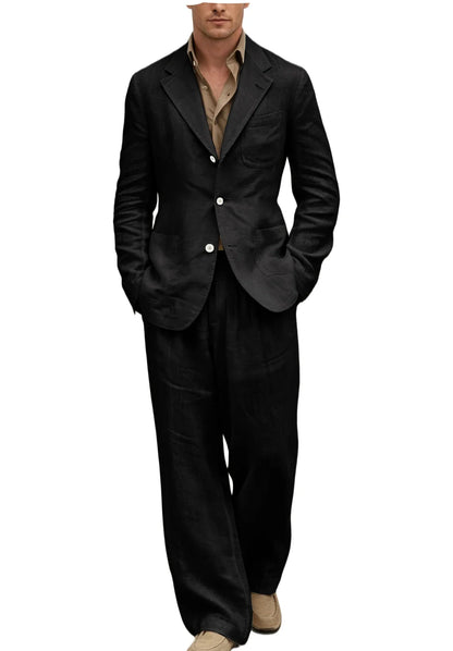 Men's Linen Suit 2 Pieces Set Casual Blazer & Wide Leg Pants Notch Lapel Breathable Wedding Business Party Jacket Tuxedo Summer