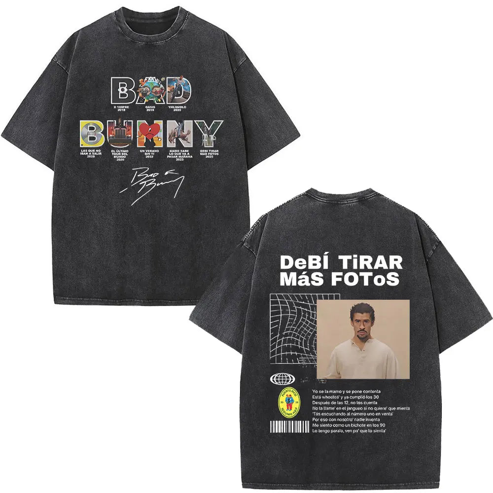 Rapper Bad Bunny Washed Vintage T-shirt Debi Tirar Mas Fotos DTMF World Tour T Shirts Men's Fashion Hip Hop T-shirts Streetwear