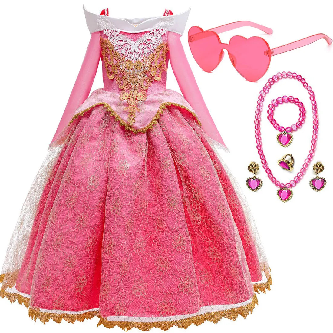 2026 Disney Sleeping Beauty Aurora Princess Dress Girl Cosplay Off Shoulder Kids Gifts Fancy Party Girl Baby Fine Lace Dress Set