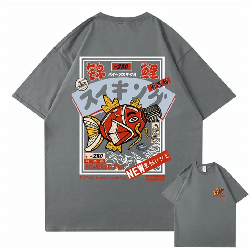 Hip Hop Streetwear Harajuku T-shirt Japanse Kanji Fish Print T-shirt 2024 Mannen Katoen Casual Korte Mouw T-shirt Japan Stijl