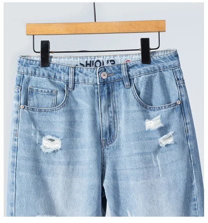 Summer Thin Ripped Jeans Mens Straight Breathable Washed Denim Trousers Casual Streetwear Harlen Ankle Length Pants Light Blue