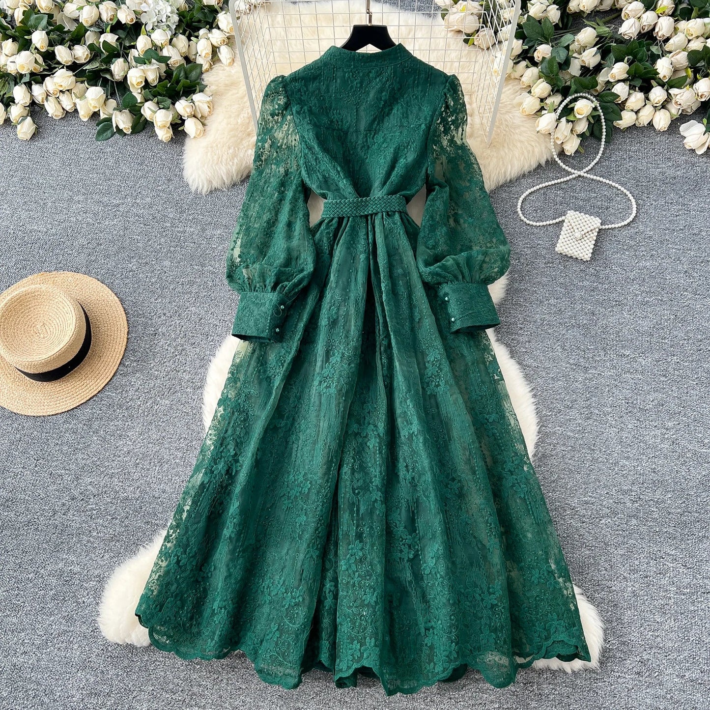 High-End Women's Dress Heavy Embroidery A-Line Long Skirt V-Neck Lantern Sleeve Single Button High Waist Korean Style Commute