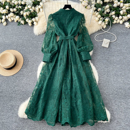 High-End Women's Dress Heavy Embroidery A-Line Long Skirt V-Neck Lantern Sleeve Single Button High Waist Korean Style Commute