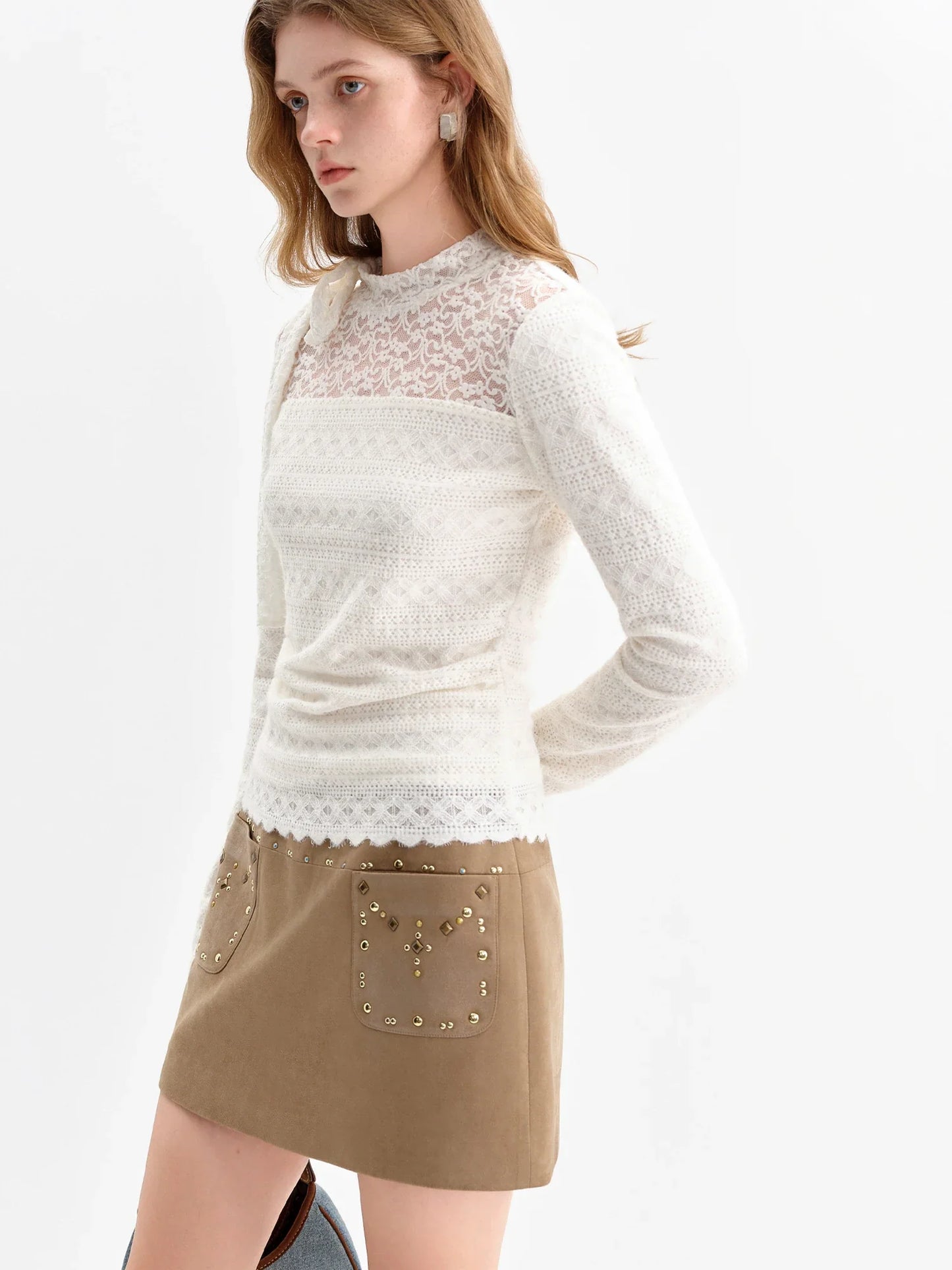 2025 Autumn Women's White Lace Crochet Knit Top Blouse Elegant Tied Front Y2K Retro Soft Pullover Sweet Off-Shoulder Shirt