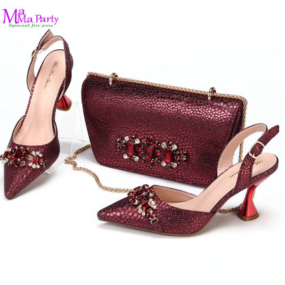 Wine Fashion Leisure Style 2025 New Coming Nigerian Women Shoes Matching Bag Set Pointed Toe High Quality  For Wedding Party