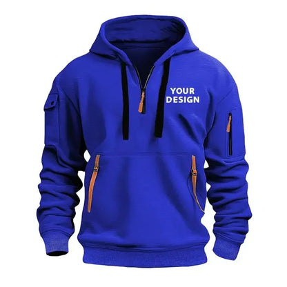 New Men's Sports Zipper Sweater, Loose Casual Sportswear with Arm Pockets, Customized Hooded Jacket with Your Logo