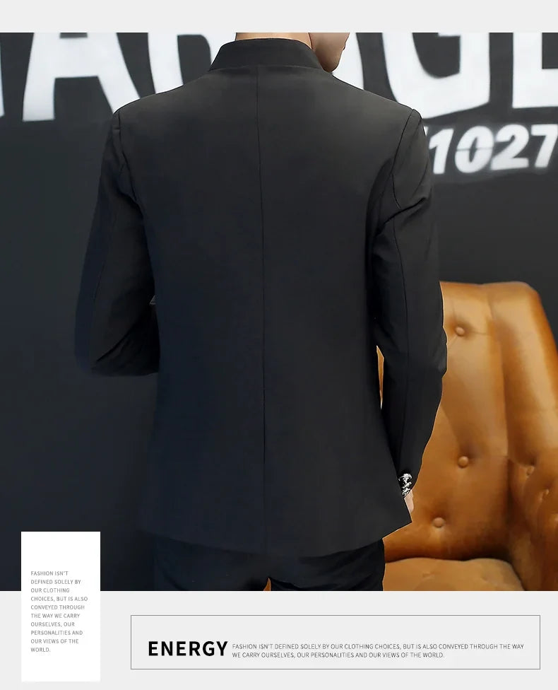 2024 Men's Slim Fit Long Sleeve Casual Suit Korean Trend Stand Collar Fashion Handsome Male Suit