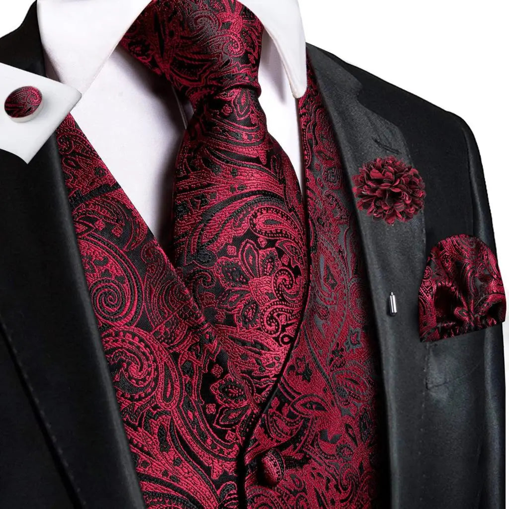 High Quality Silk Mens Vests Pink Gray Floral Waistcoat Tie Hanky Cufflinks Brooch Set for Men Suit Wedding Office Gift