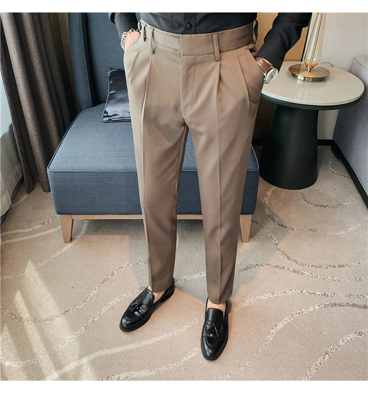Autumn Winter High Quality Solid Casual Pants Men Belt Design Slim Fit Trousers Formal Office Business Social Party Suit Pants