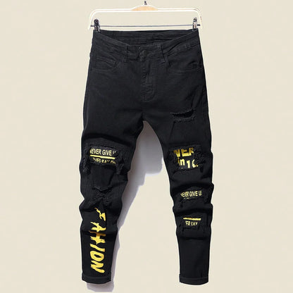 Men's Stretchy Ripped Denim Jeans Slim Fit Straight Trousers Elastic Waist Patchwork Holes Tearing Streetwear Casual Pants