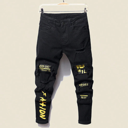 Men's Stretchy Ripped Denim Jeans Slim Fit Straight Trousers Elastic Waist Patchwork Holes Tearing Streetwear Casual Pants