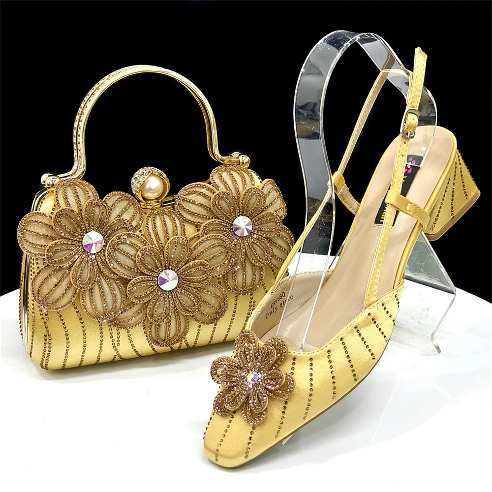 Party Shoes and Bag Ladies Heel Decoration Pure Elegant Flower Wedding Shoes and Bag Full Rhinestone Fashion Handbag