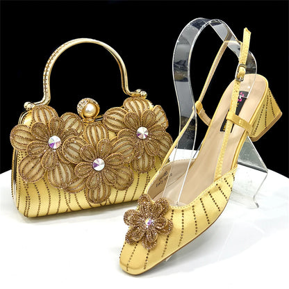 2026 Elegant Gold Color Women's Heels Handbag Set Rhinestone Embellished Designer Shoes for Weddings Special Events