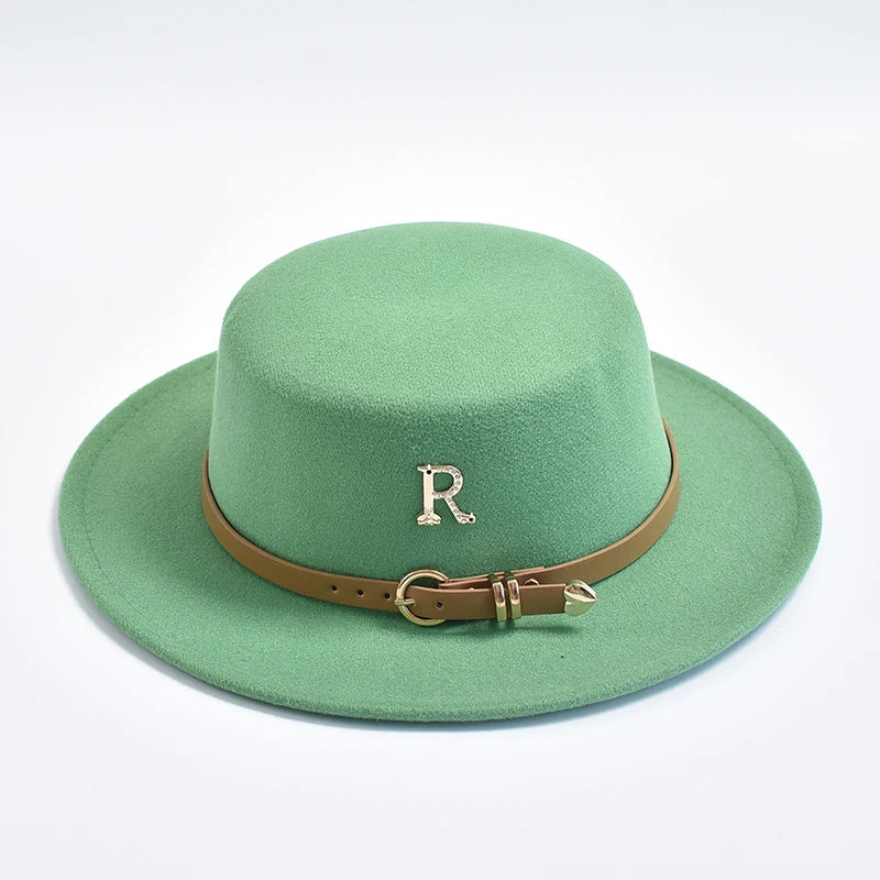 New Metal R Letter Fedora Hat for Women Fashionable Winter Flat Top Wedding Church Bowler Cap Females Elegant Holidays Hat